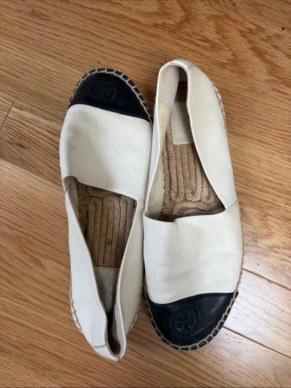 Tory Burch Cream Leather Espadrille Flats with Black Toe Caps